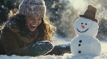 Joyful winter fun girl playing with snowman snowy landscape photography outdoor adventure childlike wonder