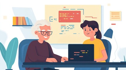 Intergenerational tech learning, grandparent and grandchild exploring programming on a laptop, inspiring teamwork, illustrations.