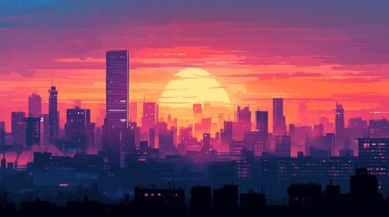 Vibrant sunset over a city skyline.