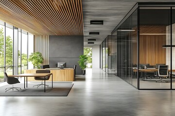 Modern Office Space with Glass Walls and Wooden Design