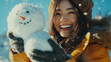 Building joyful memories woman playing with snowman in winter wonderland outdoor fun happiness bright blue sky