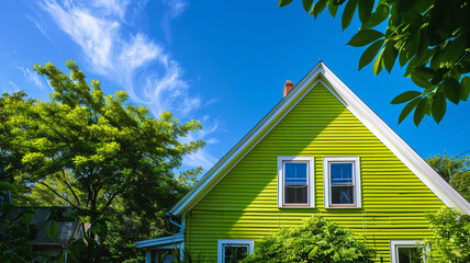 A vibrant lime green house with siding stands out against the bright blue sky, surrounded by lush greenery in the suburban neighborhood.