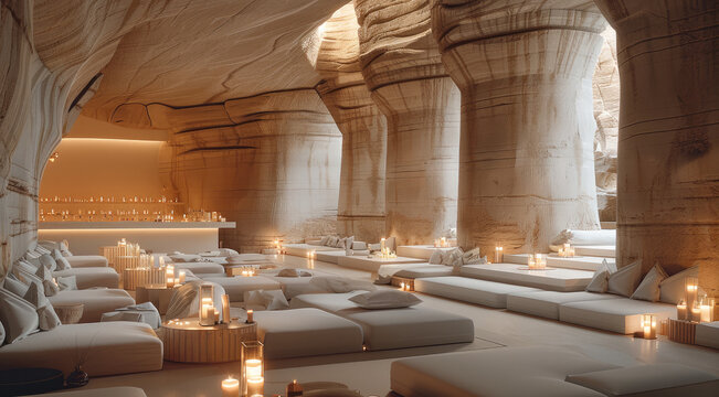 The building in the huge cave has a futuristic and surreal feel, with sacred light and shadow, a church-like space, a sequential colonnade, many sofas and dining tables, bar counter, and lit candles.