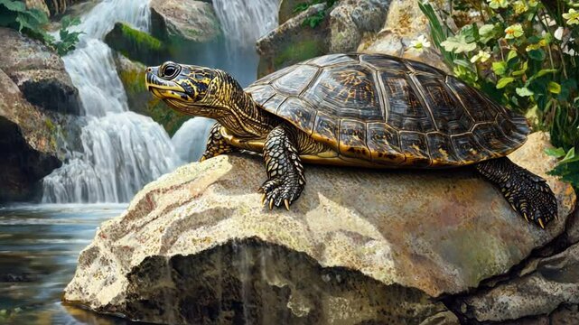 Asiatic Softshell Turtle sunning on a rock, intricate shell details and gentle stream backdrop.