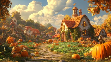 A whimsical autumn village nestled among pumpkin patches