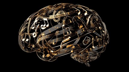 brain made from intricate gold musical notes, Music Brain vector illustrator. music lifestyle design. Brain with music notes around, 3D rendering isolated on black background