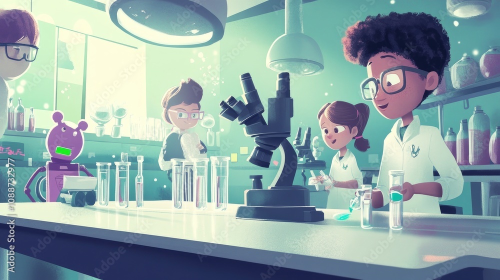 Poster young scientists working together in a laboratory setting