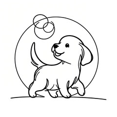 Fototapeta premium Playful puppy chasing bubbles line art illustration