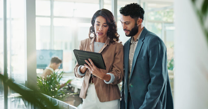 Tablet, discussion and business people in office with report for break in finance stock market. Meeting, digital technology and financial advisors with online revenue, profit or equity research.