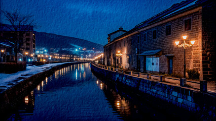 Fototapeta premium Textured Night Harbor Scene with Reflections and Street Lamps