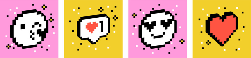 Love. Wow. Kiss. Like. Valentine day. 3d vector elements. Set of y2k pixel icons. Bold and groovy. Bright modern shape for collage, poster, sticker. Naive design. Voxel. Abstract geometric simple sign