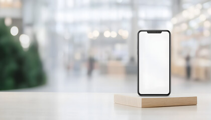 Smartphone with empty screen in the mall shop blur background