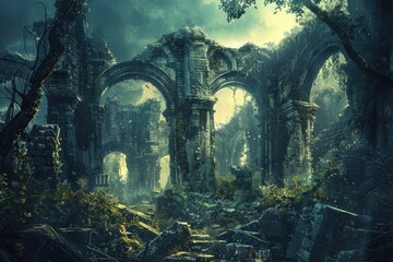 Naklejka premium Overgrown Ruins with Arched Passages under a Gloomy Sky