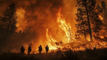 A dynamic photo of firefighters battling a large fire, showcasing bravery and action