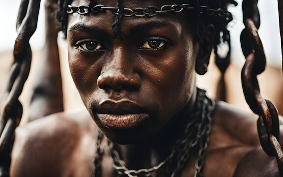 Closeup on the sweaty face of a black slave on a 18th century ship, tied with chains