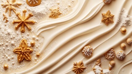 Abstract Christmas food background with cookies molds and flour