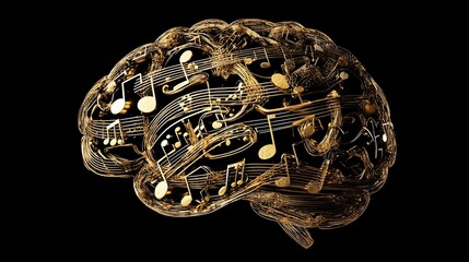 brain made from intricate gold musical notes, Music Brain vector illustrator. music lifestyle design. Brain with music notes around, 3D rendering isolated on black background