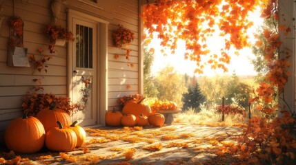 Fall Porch With Pumpkins and Golden Sunlight