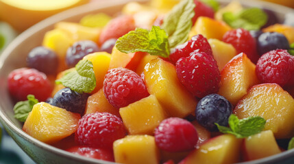 Fresh fruit salad featuring vibrant raspberries, blueberries, and peaches, garnished with mint leaves, creating colorful and refreshing dish perfect for summer