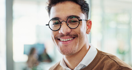 Obraz premium Portrait, lawyer and career man with pride in office as professional, advisor and law firm. Male person, happiness and confidence as staff, legal representative and consultant in company or corporate
