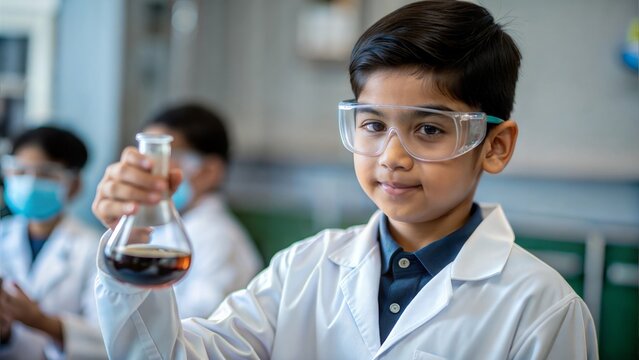 "Future Indian Scientist"
An Indian boy wearing a lab coat and goggles, holding a flask in a classroom.