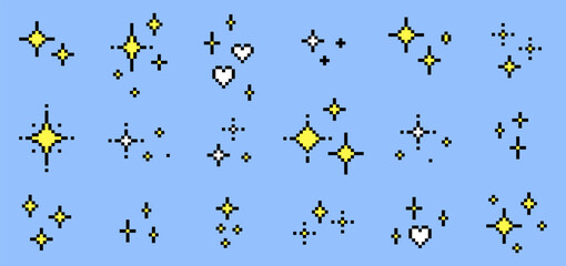 Y2k pixel art star sparkle set. Magic. Glitter icon pack. Sparkle elements. Mood of 90's aesthetics. 8-bit retro style editable vector illustration. Simple geometric shape for collage, winter design