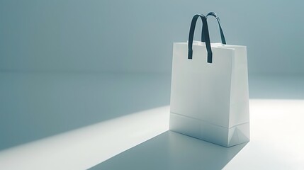 A minimalistic white shopping bag with black handles, cast in soft light, creating a serene and modern aesthetic.