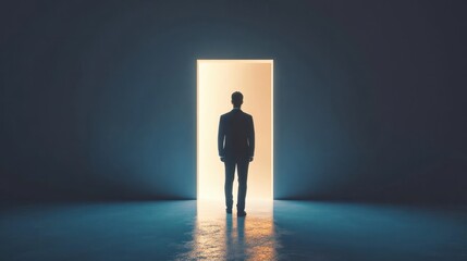 Obraz premium Back view of businessman standing in abstract key opening in wall with bright light and mock up place. Solution and decision concept