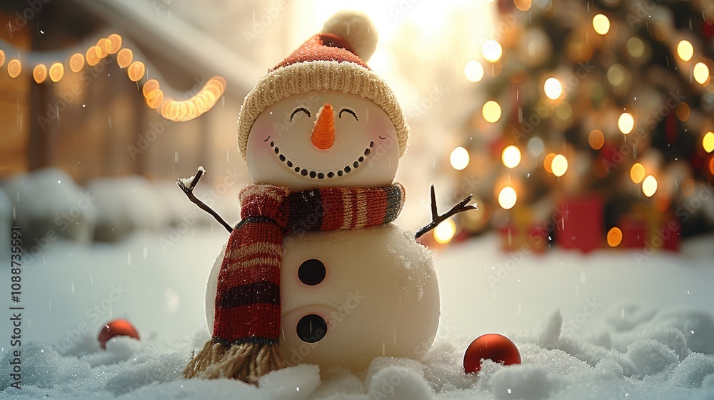 Poster a happy snowman with a hat and scarf standing in the middle, with bokeh lights, a christmas tree beh