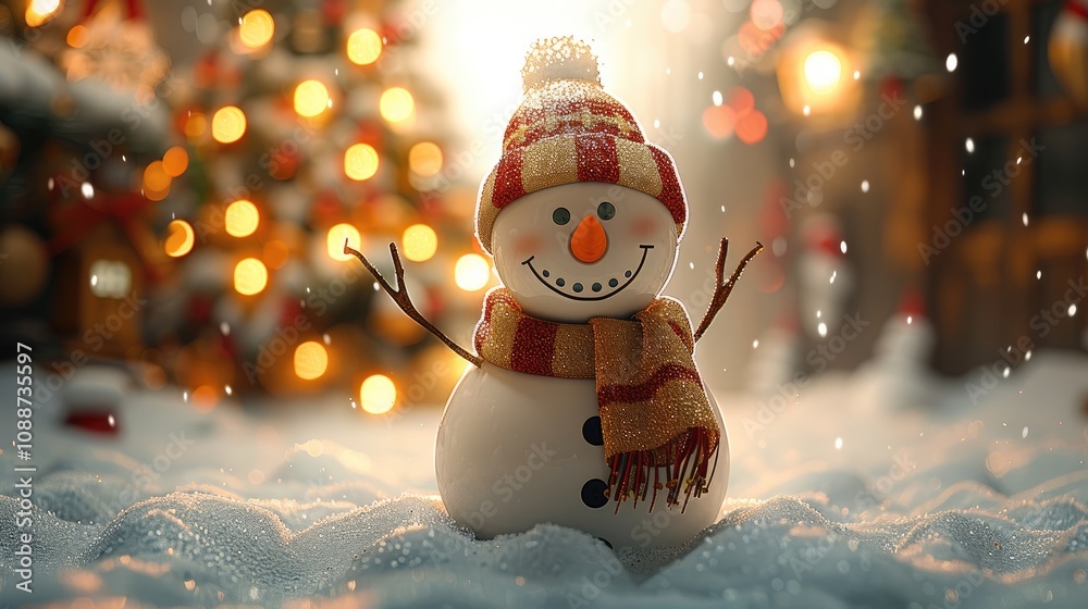Poster a happy snowman with a hat and scarf standing in the middle, with bokeh lights, a christmas tree beh