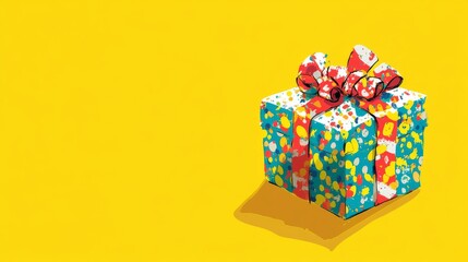 Obraz premium A colorful box with a bow on top of a yellow background
