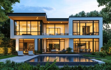 Fototapeta premium Luxury Modern House Design with Pool at Dusk