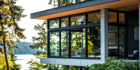 A close-up shot of a large modern house window, with sleek frames and a view of the interior.