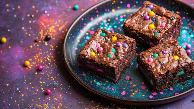 A dynamic shot of cosmic brownies on a cosmic-themed plate, ideal for a dessert table