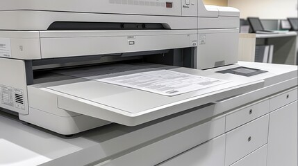 A photo copier machine that has a large top mounted document feeder. Feeder assembly can hold about 500 sheets at one time.