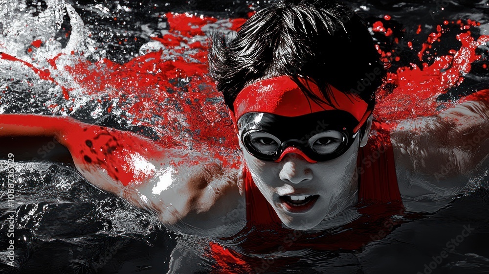 Poster A swimmer in action, showcasing determination with splashes of red in a dynamic pool setting.