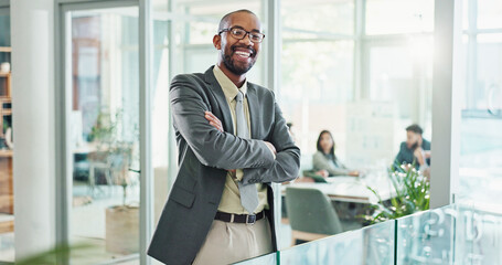 Arms crossed, portrait and smile of business black man in office for corporate career development. Confident, face and pride with happy employee person in workplace for start of company internship