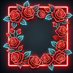 Neon Roses in a Glowing Square Frame