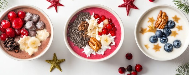 Festive Smoothie Bowls: Colorful Toppings in Snowflakes and Stars Arrangement