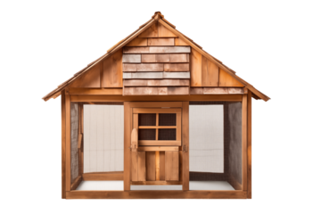 Wooden chicken coop with wire mesh, front view, with rustic design perfect for poultry. Ideal for backyard farming and animal care concept, isolated on transparent background.