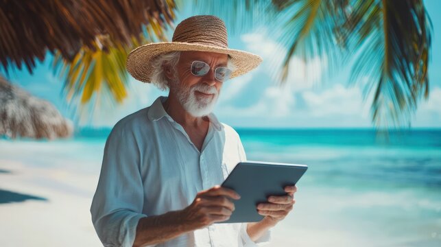 Senior digital lifestyle, mature individual using a tablet on a tropical beach, seamless work-life balance.