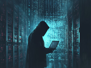 Man in hoodie inside a server room with a laptop with digital codes reflected in a dark background 