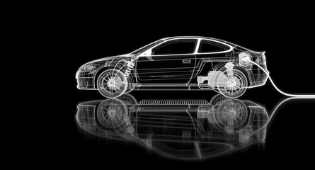 Naklejka premium 3d rendering electric car battery with pack of battery cells module on platform, black background