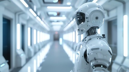 A white humanoid robot stands in a futuristic hallway, looking towards the end of the corridor.