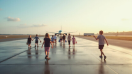 Silhouettes of children playing on the runway, airplane in the background, blurred image