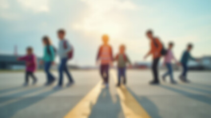 Blurred image of a runway with silhouettes of children playing
