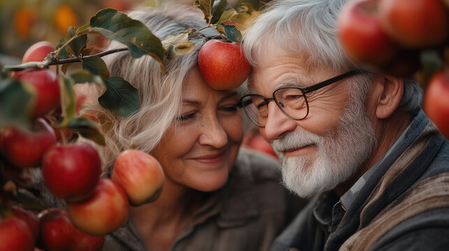 Couple enjoys tender moment in apple orchard surrounded by ripe fruit during autumn season. Generative AI