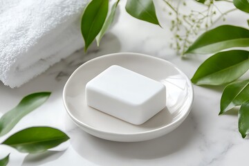 White Soap Dish with Towel and Green Leaves