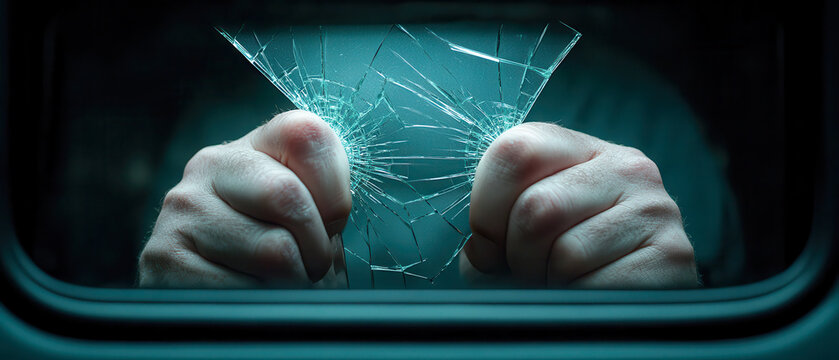 Investing mistake fail business and volatility Concept, Hands gripping shattered glass, conveying tension and potential danger in a dark, moody setting.