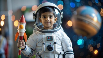 "Indian Astronaut in the Making"
An Indian kid wearing a space suit costume, holding a toy rocket with a planetary background.